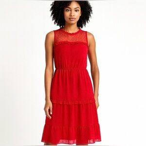 Monteau Vibrant Red Swiss Dot Ruffled Tiered Midi Dress